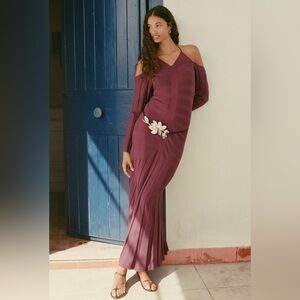 By Anthropologie Off-Shoulder Ruched
Sweater Dress in Mauve Wine